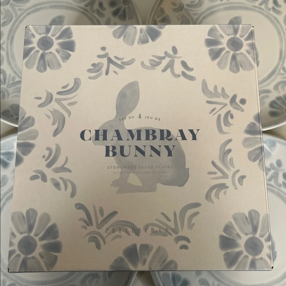 Pottery Barn Chambray Tile Bunny‎ Salad Plates 9 1/4” Set of 4 New in Box!